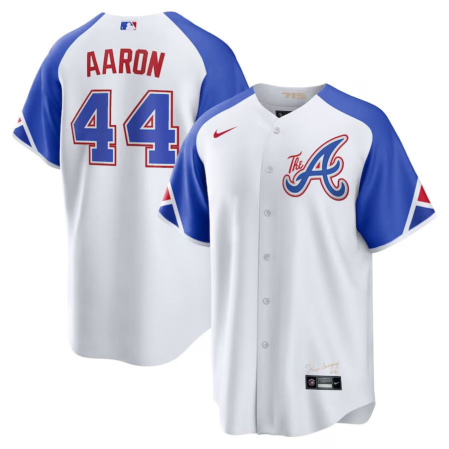 Men Atlanta Braves 44 Hank Aaron Nike White 2023 City Connect Replica Player MLB Jersey